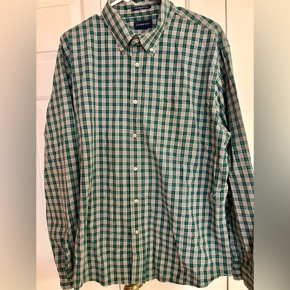 Lands' End Men's Green Plaid Button Down Shirt